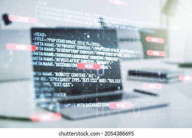 Multi exposure of abstract creative coding sketch on modern laptop background, artificial intelligence and neural networks concept