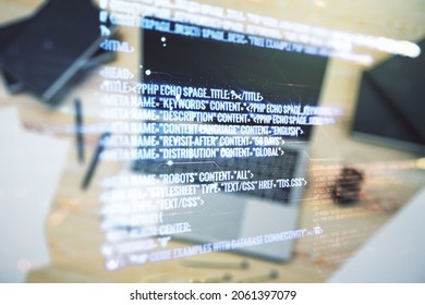 Multi exposure of abstract creative coding sketch on modern laptop background, artificial intelligence and neural networks concept