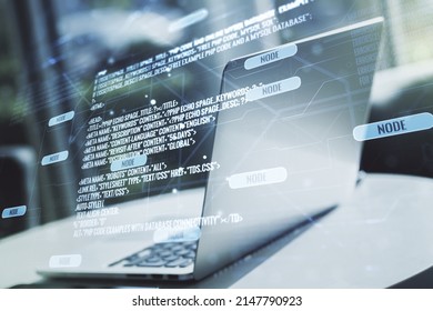 Multi exposure of abstract creative coding sketch on modern laptop background, artificial intelligence and neural networks concept
