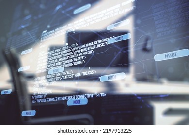 Multi exposure of abstract creative coding sketch and modern desktop with computer on background, artificial intelligence and neural networks concept