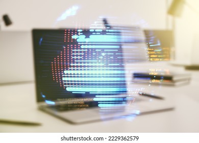 Multi exposure of abstract creative coding sketch with world map on modern laptop background, artificial intelligence and neural networks concept