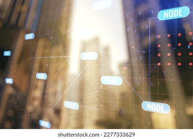 Multi exposure of abstract creative coding sketch on office buildings background, artificial intelligence and neural networks concept