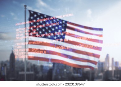 Multi exposure of abstract creative coding sketch on USA flag and blurry cityscape background, artificial intelligence and neural networks concept