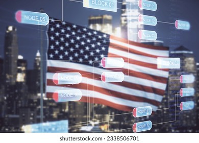 Multi exposure of abstract creative coding sketch on USA flag and blurry cityscape background, artificial intelligence and neural networks concept