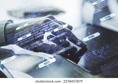 Multi exposure of abstract creative coding sketch with world map and finger presses on a digital tablet on background, artificial intelligence and neural networks concept
