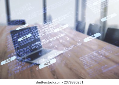 Multi exposure of abstract creative coding sketch with world map on modern laptop background, artificial intelligence and neural networks concept