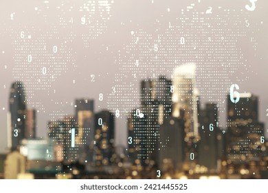 Multi exposure of abstract creative coding sketch and world map on blurry skyline background, artificial intelligence and neural networks concept