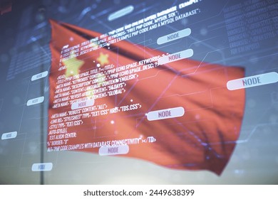 Multi exposure of abstract creative coding sketch on flag of China and sunset sky background, artificial intelligence and neural networks concept