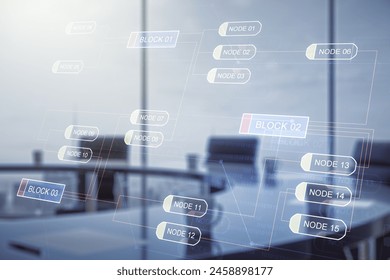 Multi exposure of abstract creative coding sketch on a modern conference room background, artificial intelligence and neural networks concept