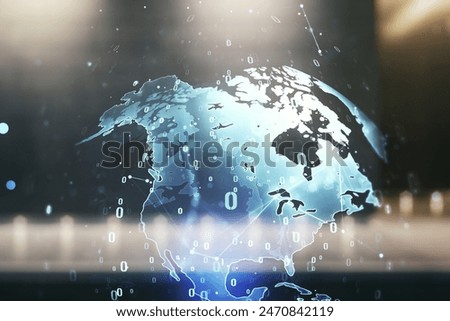 Multi exposure of abstract creative coding sketch and world map on blurry modern office building background, artificial intelligence and neural networks concept