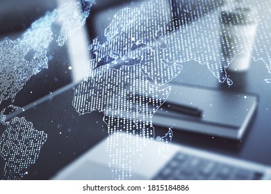 Multi exposure of abstract creative digital world map on modern laptop background, tourism and traveling concept