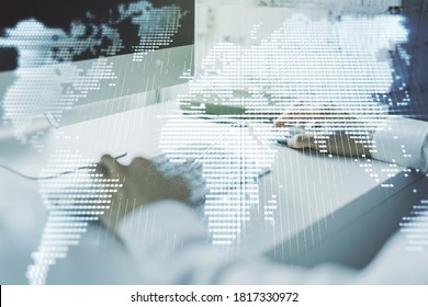 Multi exposure of abstract creative digital world map and hand typing on computer keyboard on background, research and analytics concept