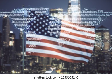 Multi exposure of abstract creative digital world map hologram on USA flag and blurry skyscrapers background, research and analytics concept