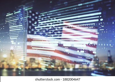 Multi exposure of abstract creative digital world map hologram on USA flag and blurry skyscrapers background, research and analytics concept