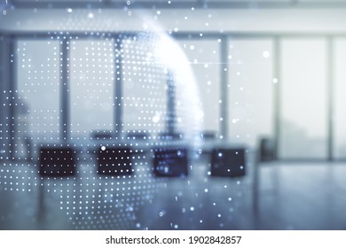 Multi exposure of abstract creative digital world map hologram on a modern conference room background, tourism and traveling concept