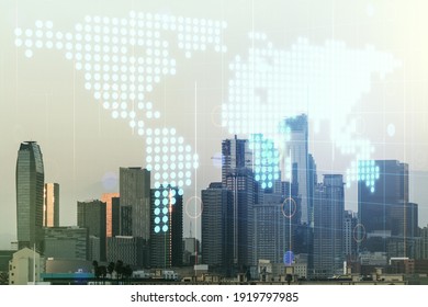 Multi exposure of abstract creative digital world map hologram on Los Angeles city skyline background, tourism and traveling concept - Powered by Shutterstock - Get 15% off with code: PIKWIZARD15