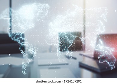 Multi exposure of abstract creative digital world map and modern desktop with computer on background, tourism and traveling concept