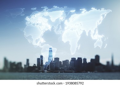 Multi exposure of abstract creative digital world map hologram on San Francisco skyscrapers background, research and analytics concept