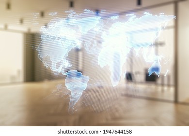 Multi exposure of abstract creative digital world map hologram on a modern furnished office background, tourism and traveling concept