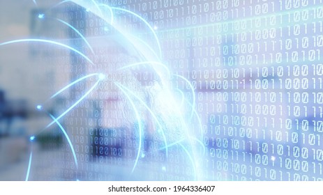 Multi exposure of abstract creative digital world globe hologram on a modern conference room