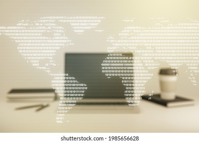 Multi exposure of abstract creative digital world map on laptop background, research and analytics concept