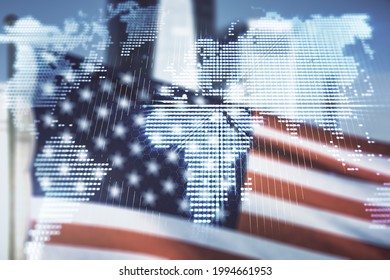 Multi exposure of abstract creative digital world map hologram on USA flag and blurry skyscrapers background, research and analytics concept