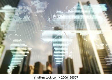 Multi exposure of abstract creative digital world map hologram on office buildings background, tourism and traveling concept