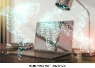 Multi exposure of abstract creative digital world map on laptop background, research and analytics concept