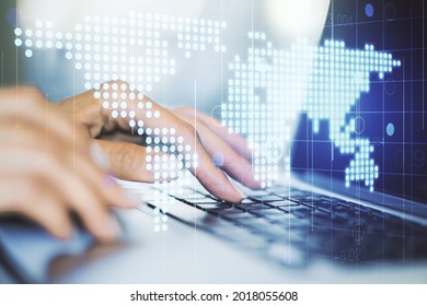 Multi exposure of abstract creative digital world map and hand typing on computer keyboard on background, research and analytics concept