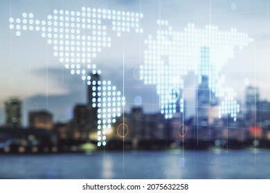 Multi exposure of abstract creative digital world map hologram on blurry cityscape background, research and analytics concept