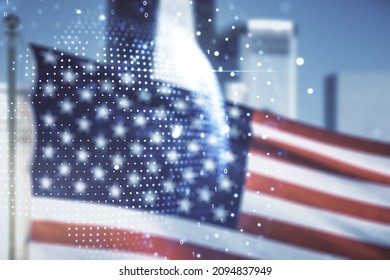 Multi exposure of abstract creative digital world map hologram on USA flag and blurry skyscrapers background, research and analytics concept