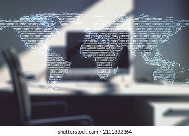 Multi exposure of abstract creative digital world map and modern desktop with laptop on background, research and analytics concept