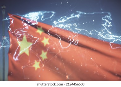 Multi exposure of abstract creative digital world map hologram on flag of China and sunset sky background, tourism and traveling concept