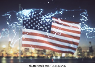 Multi exposure of abstract creative digital world map hologram on USA flag and blurry skyscrapers background, research and analytics concept
