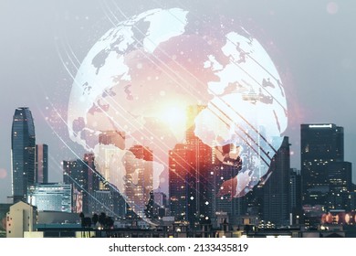 Multi exposure of abstract creative digital world map hologram on Los Angeles city skyline background, tourism and traveling concept