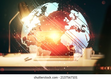 Multi exposure of abstract creative digital world map on laptop background, research and analytics concept