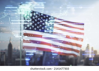 Multi exposure of abstract creative digital world map hologram on USA flag and blurry skyscrapers background, research and analytics concept