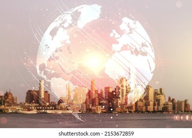 Multi exposure of abstract creative digital world map hologram on New York city skyscrapers background, research and analytics concept