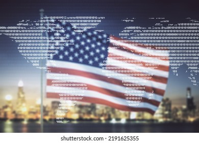 Multi exposure of abstract creative digital world map hologram on USA flag and blurry skyscrapers background, research and analytics concept