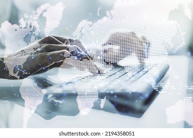 Multi exposure of abstract creative digital world map and hands typing on computer keyboard on background, tourism and traveling concept