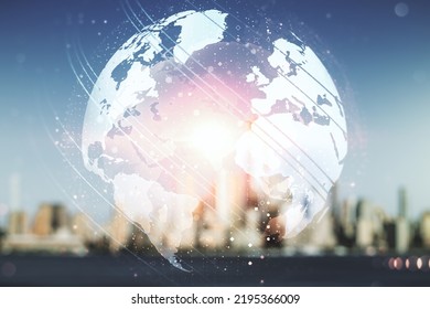 Multi exposure of abstract creative digital world map hologram on blurry skyline background, tourism and traveling concept
