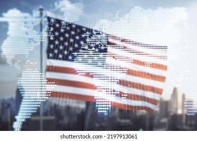 Multi exposure of abstract creative digital world map hologram on USA flag and blurry skyscrapers background, research and analytics concept