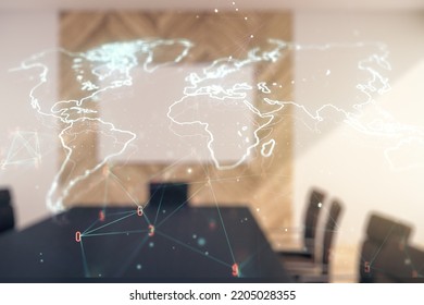 Multi exposure of abstract creative digital world map hologram on a modern conference room background, tourism and traveling concept
