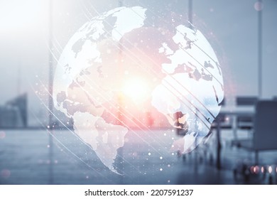 Multi exposure of abstract creative digital world map hologram on a modern conference room background, tourism and traveling concept