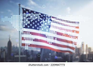 Multi exposure of abstract creative digital world map hologram on USA flag and blurry skyscrapers background, research and analytics concept