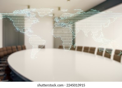 Multi exposure of abstract creative digital world map hologram on a modern conference room background, tourism and traveling concept