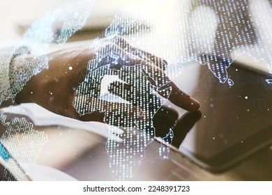 Multi exposure of abstract creative digital world map and finger presses on a digital tablet on background, research and analytics concept
