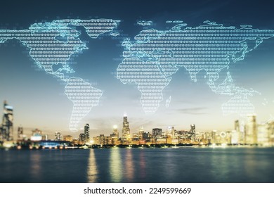 Multi exposure of abstract creative digital world map hologram on Chicago skyscrapers background, research and analytics concept