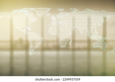 Multi exposure of abstract creative digital world map hologram on empty corporate office background, tourism and traveling concept