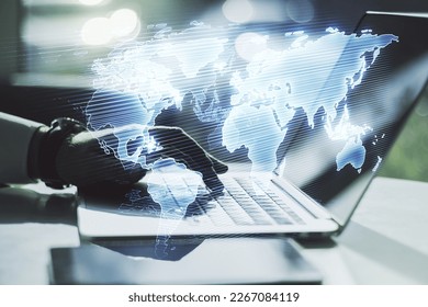 Multi exposure of abstract creative digital world map and hand typing on computer keyboard on background, research and analytics concept